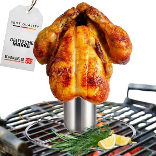 Premium Hähnchenhalter mit Aromabehälter für Grill & Backofen, Edelstahl Hähnchenbräter für knuspriges Brathähnchen & Geflügel, BBQ Hähnchengriller, Hähnchengrill Halter, Geflügelhalter