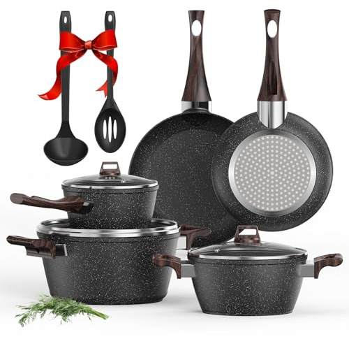 Induction Hob Pots and Pans Set - 10pcs Granite Non Stick Cookware Set with Frying Pans, Saucepan & Pots, Glass Lids, PFAS PFOA Free, Dishwasher Safe