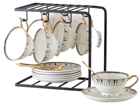 Set di 6 tazze da caffè e piattini in porcellana Bone China, collezione tè pomeridiano con portabicchieri, design raffinato e leggero
