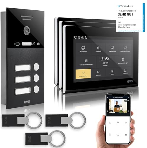 GVS IP Video Türsprechanlage 3 Familienhaus RFID Türöffner - 3X 7 Monitor | Smarte Video Türklingel mit Kamera und Monitor & App - Gegensprechanlage mit Türöffner (AVS4291U)