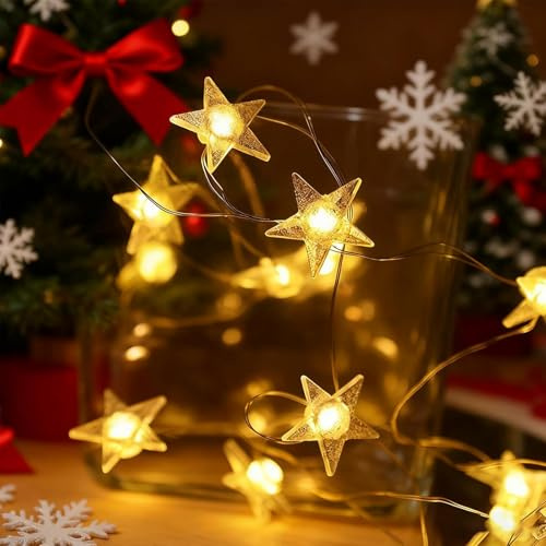 ALEGRE® Sterne Lichterkette, 2M 20 LED Lichterkette Sterne Batterie, Micro Kupferdraht Warmweiß Sternen Lichterketten Innen Außen, Sternenlichterkette für Weihnachten, Kinderzimmer, Hochzeit, Garten
