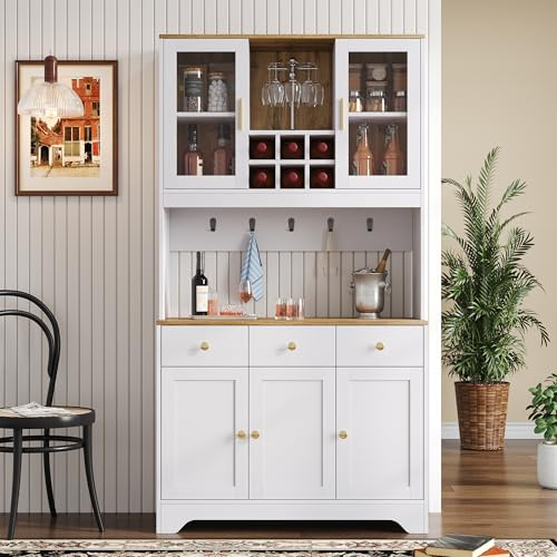 Woenei Hochschrank Küche Weiß mit Acrylfront – Buffetschrank mit Weinregal und Schubladen, Vitrinenschrank im Landhausstil, Küchenschrank Aufbewahrung für Wohnzimmer & Esszimmer