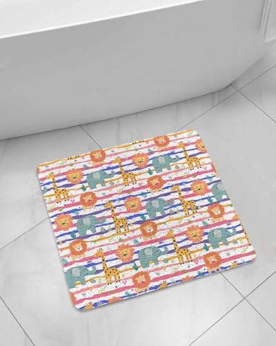 Cute Animals Shower Mat Non Slip Bathtub Mat Lovely Cartoon Lion Giraffe Elephant Leaf Colorful Stripe Bath Mat Soft Loofah Shower Mats for Shower Tub Bathroom Quick Drying Foot Mat, 24x24 Inch