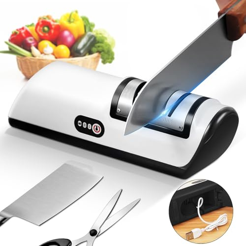 Cordless Electric Knife Sharpener with 2 Speed Setting,Cordless Rechargeabl Knife Sharpener for Rough and Fine Sharpening,USB Fully Automatic Fast Sharpening Suitable in The Studio and Kitchen (White)
