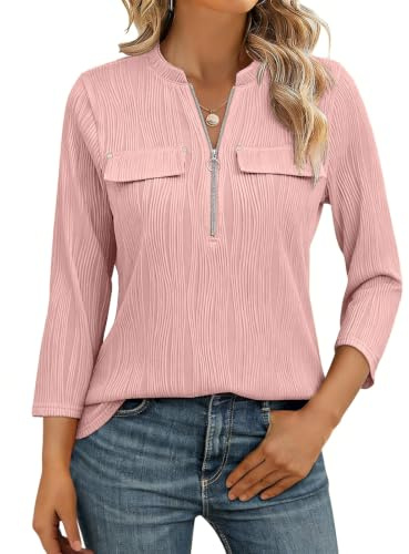 Gemulate Womens Zip Blouses 3/4 Sleeve Tops Ladies V Neck Shirts | Plain Color Casual Office Work Tunic S-XXL