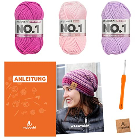 myboshi Häkelset Beanie Wakayama, Häkelset für Anfänger, inkl. No.1 Wolle, Nadel und Anleitung, Label, Häkelpaket für Anfänger, 30% Merinowolle Rosa, mit Häkelnadel