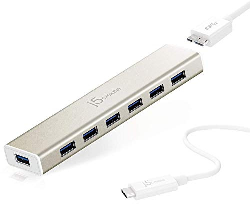 j5create HUB de 7 puertos USB Tipo-C JCH377 USB 3.0 5Gbps con adaptador de corriente 5V / 4A para MacBook / ChromeBook / Dispositivos USB-C / Unidades Flash