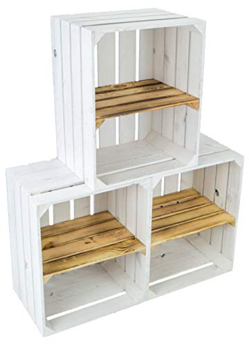 Kistenkolli Altes Land 3er Set Neue Weiße Obstkisten mit geflammten Zwischenbrett quer Weinkiste Wohnzimmerregal Schuhregalkiste Maße 50 x 30 x 40 cm