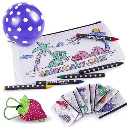 aeioubaby.com Estuches para colorear (Dinos) | 25 Bolsas individuales con 5 ceras de colores y globo. Incluye bolsa reutilizable | Regalos de cumpleaños y fiestas infantiles | Creatividad para niños