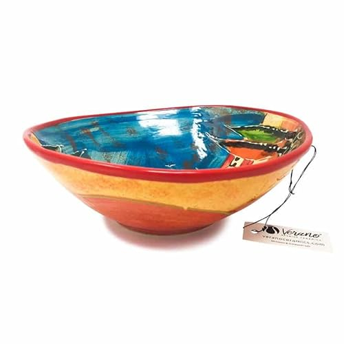 Verano Spanish Ceramics Tuscany Hand Painted Decorative Large Wonky Curvy Bowl - Home Décor Kitchen Restaurant Dining Dishware Food Sharing Serving Pasta Salad Fruit Food Dish - 25cm x 22cm x 9cm