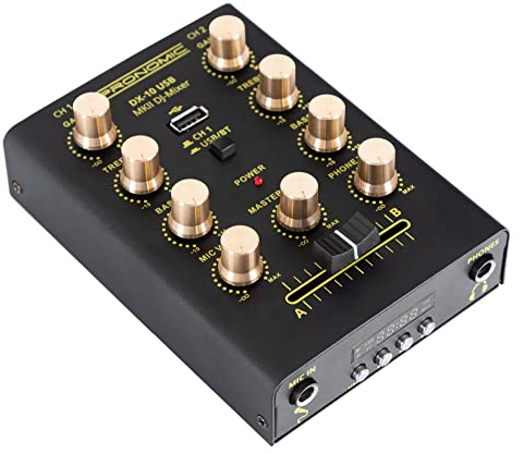 Pronomic DX-10 USB MKII DJ Mixer - mezclador DJ compacto de 2 canales - dos entradas de línea - ecualizador de 2 bandas - Bluetooth y USB - entrada de micrófono - salida de auriculares - negro
