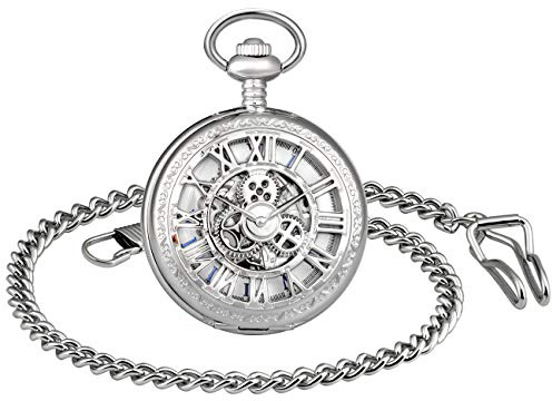 MICGIGI orologio da taschino meccanico unisex a carica manuale, con catena (argento)