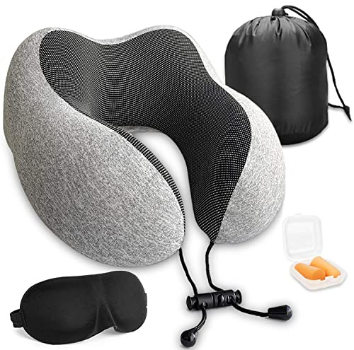 Wolke sieben Memory Foam Reise Nackenkissen Flugzeug Nackenhörnchen Auto Reisekissen mit Schlafmaske, Ohrstöpsel, Tragetasche Set (grau)