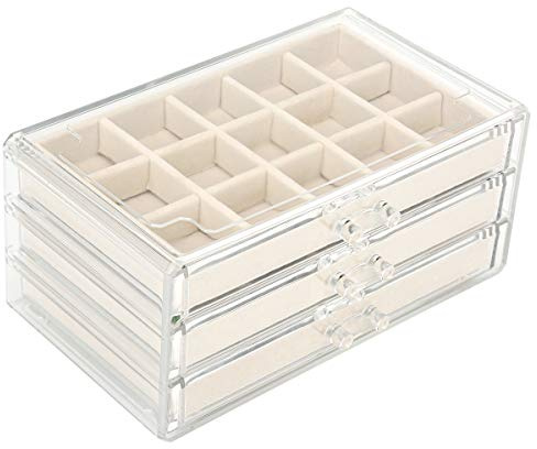 FEISCON Acrylic Jewelry Organizer Makeup Cosmetic Storage Organizer box Clear Jewelry Case with 3 Drawers Adjustable Jewelry Box Velvet Trays grid size
