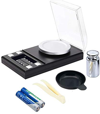 tooloflife Báscula digital de miligramos 50/0.001 g – con mini pantalla LCD, báscula para joyas con pesos de calibración y pinzas