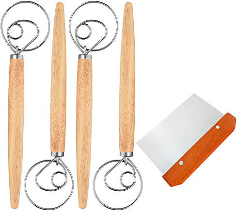 Frusta danese per impasto, 33 cm, in acciaio inox, grande frusta olandese, utensili da cucina per forno, pastella, torta, pasticceria, pizza, panini, con raschietto per impasto, confezione da 4