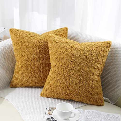 decorUhome 2er Set Pelz Kissenbezüge Dekorative Kunstfell Plüsch Flauschig Quadratisch Neutral Kissenbezug für Sofa Senfgelb 50x50cm