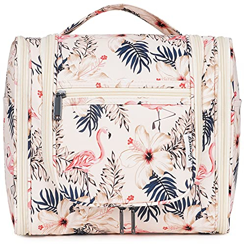 Narwey Groß Kulturbeutel Damen & Herren - Gross Kulturtasche Zum Aufhängen, Kinder Kosmetiktasche - Waschtasche für Mädchen (Beiger Flamingo (Groß))