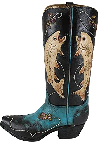Ebros Rustic Western Fishing Angler Jumping Bass Fishes Cowboy Cowgirl Boot Decorative Figurine Or Floral Vase Planter Tooled Leather Finish Table Shelf Countertop Accent
