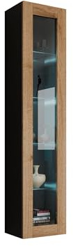 Mirjan24 Hängevitrine Vigo Glas 180, Vitrine mit Glasböden, Vitrinenschrank, Stauraumvitrine, Hochschrank, Wohnzimmer Schrank (Schwarz/Eiche Wotan, mit weißer LED Beleuchtung)