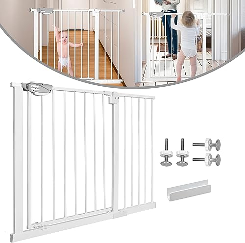 LARS360 Rejilla de protección extensible para escaleras sin taladrar, cierre automático y apertura con una mano, rejilla de metal para puerta y escalera, 105-115 cm de ancho, color blanco