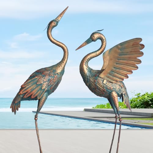 Oritty Kranich-Gartenstatue aus Metall, 84-94 cm, Vogelreiher-Gartenskulptur und Statuen, Outdoor-Dekoration für Hof, Teich, Rasen, Hinterhof, Pool, Vintage-Kran, 2 Stück | Kranich-Gartenstatue, Metall, 84 - 94 cm, Kupfer, 2 Stück