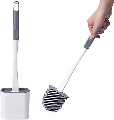 Brosse WC en silicone avec support, brosses de nettoyage en profondeur avec support à séchage rapide (gris avec blanc)