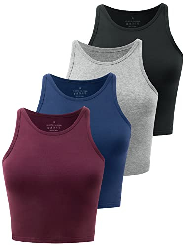 Kole Meego Crop Tops for Women Workout Cropped Tank Top Trendy High Neck Camisole Yoga Shirts Athletic Undershirts 4 Pack Black/Grey/Navy/Burgundy S
