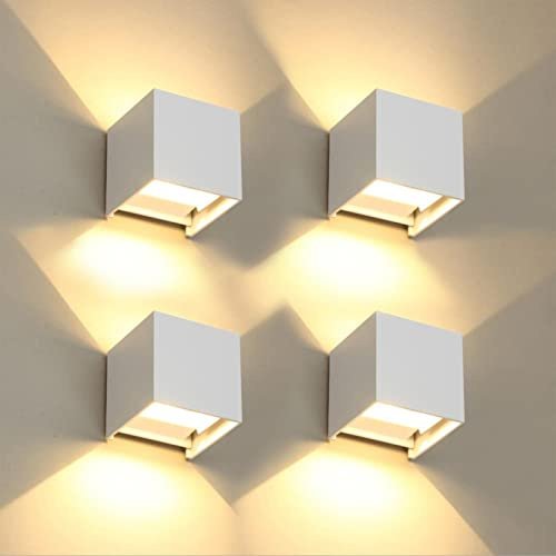 4 Stücke Wandleuchte aussen/Innen Wandlampe LED Außenwandleuchten IP65 Wasserdichte Moderne Weiß 12W 3000K Warmes Licht Wandleuchte Außenlampe Quadrat Aluminium Auf und ab Einstellbarer Lichtstrahl