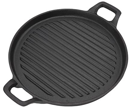 Bistecchiera rotonda antiaderente, multiuso, in ghisa, a coste, con manici, per esterni, portatile, per falò, fornello elettrico (28 cm)