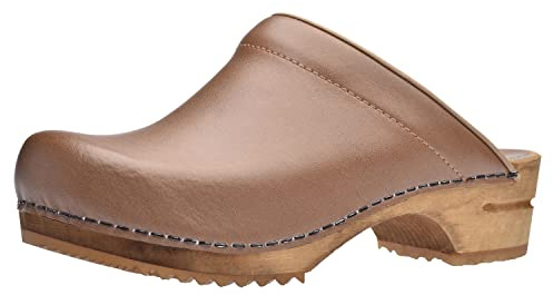 Sanita Lars offener Clog | Original handgemacht | Leder Holzclog für Herren | Nachhaltige Sohle | Cognacbraun | 44 EU