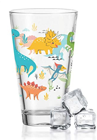 GRAVURZEILE Leonardo Wasserglas mit UV-Druck - im Dinogruppe 360° Design - als Geschenk für Kinder zum Kindergeburtstag Weihnachten - Alltagstauglich - Geeignet als Trinkglas