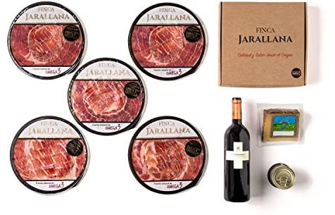 Finca Jarallana - Cesta Gourmet de Jamón Ibérico Loncheado, 1 Lata de Foie, Cuña Queso de Oveja y 1 Botella de Vino - Lote Especial Ideal para Regalo