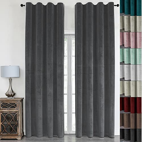 Samt Gardinen Blickdicht mit Kräuselband 140x245 cm – Thermo Verdunkelungsvorhänge für Wohnzimmer, weicher Samtvorhang (2, Dunkelgrau)