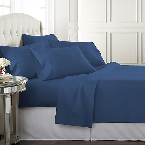 Danjor Linens Bed Sheet Set Queen Size for Hot Sleepers, Hotel Premium Sheets with 4 Pillowcases, Lightweight Brushed Microfiber Deep Pockets, Breathable Cooling 6 Piece Bedding Sets, Navy