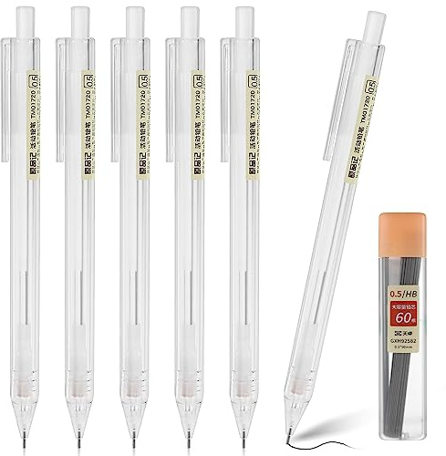 TIESOME 6PCS Transparent Mechanical Pencil Set, Mechanical Pencils 0.5 with 1 Tube HB Refill Aesthetic Artist Pencil Set Retractable Pencil for Student Writing Drafting, Drawing, Sketching