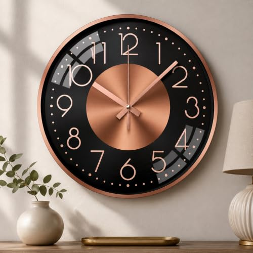 October Elf 12 Inch Wall Clocks for Living Room Kitchen Modern, Battery Operated Silent Wall Clock, Wall Clock for Bedroom Round Aluminium Decorative Rose Gold
