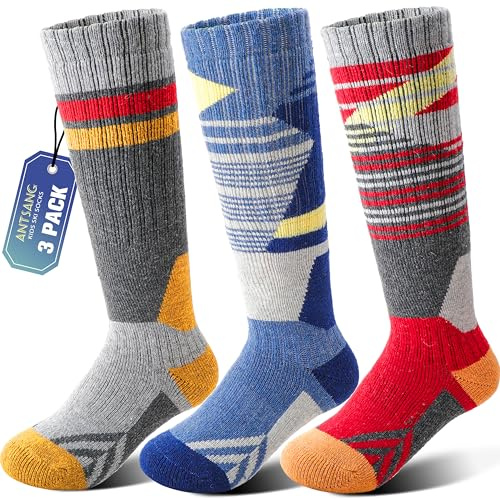 ANTSANG 3 Paires Chaussettes Ski Laine Mérinos Enfants Garçons Filles Chaudes Hiver Épaisses Rembourrées pour Snowboard Ski(Rouge/Bleu/Gris,26-29)