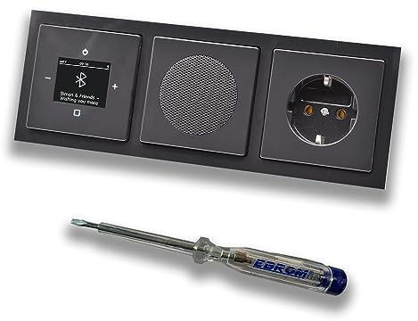 Busch Jäger DAB+ 8217U-101 Future Radio encastrable Bluetooth (et sortie) avec haut-parleur, couvertures, prise de courant, cadre et testeur de phase EBROM pour montage d'appareils Anthracite