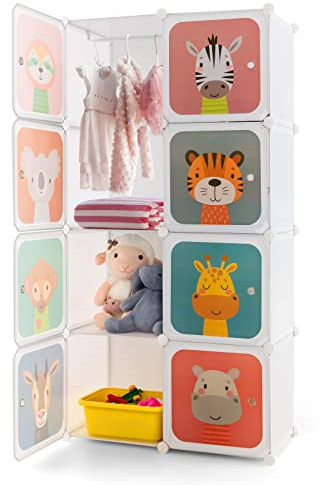 RELAX4LIFE Armadio Modulare a 8/12 Cubi per Bambini con 2 Barre Appendiabiti, 8/12 Ante, Mobile Salvaspazio per Cameretta e Asilo Nido, Portata di Ogni Cubo 10 KG (Animale-8 Cubi,Bianco)