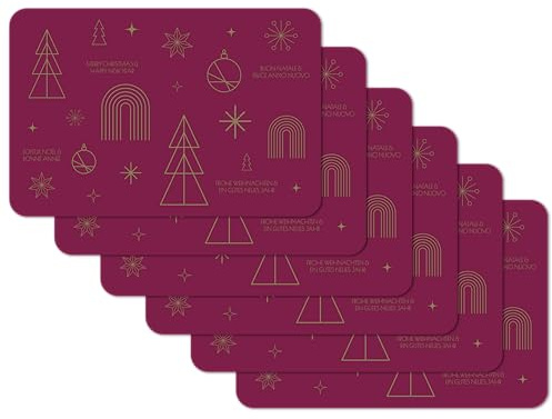 Venilia Tischset Happy Holidays, Bordeaux Christmas Weihnachten, 6er Set, 45 cm x 30 cm, Platzsets abwaschbar, Tischschutz, Platzdeckchen, schmutz- und wasserabweisend, lebensmittelecht