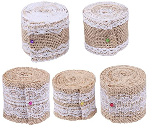 SHINEOFI 5pcs Natural Burlap Lace Craft Ribbon Roll Rustic Linen for Handmade Projects Wedding Decorations and Party Favors Mixed Styles
