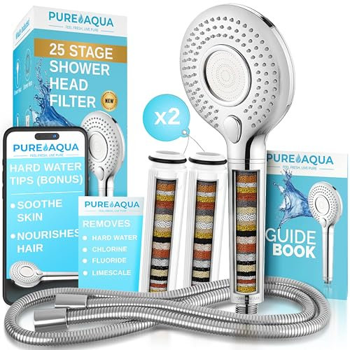 PUREAQUA 25 Stage Shower Head Filter | X2 Filters | High Pressure Shower Heads | Shower Filter Hard Water UK Brand | 3 Spray Settings | Showerhead Filters | Water Softener Shower Head | Skin & Hair