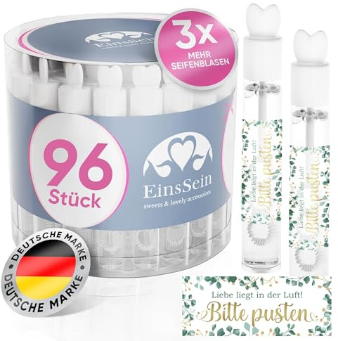 EinsSein Seifenblasen Hochzeit Lovegläschen 96 Stück | Herz Seifenblasen mit Bitte Pusten gold-grün Aufkleber | Gastgeschenke Hochzeit Standesamt Kirche Trauung | Tischdeko & Hochzeitsdeko Taufe