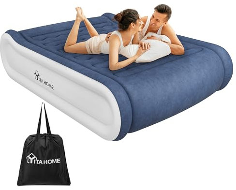 YITAHOME Luxury King Size Air Bed with Integrated Pillow & Built-in Electric Pump, Inflatable Mattress, Quick Self-Inflation/Deflation Blow Up Airbed for Guest, Camping, King Size, Blue & White