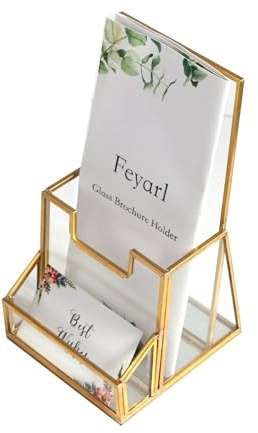 Feyarl Flyerständer Glas Prospekthalter mit Visitenkartenhalter Gold | 2-in-1 Broschürenhalter für Broschüren und Visitenkarten ideal für Empfang Büro Rezeption Praxis oder Messestand