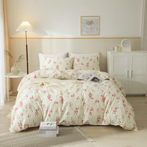 Tabeskly Red Floral flower Soft Zipper Bed Bedding Duvet Cover Set Double Beige 200×200cm
