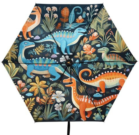 Linnyio Blumenmuster Dinosaurier Taschenschirm, UV-Schutz, Kompakter Reiseschirm, Sonnenschutz für Jungen und Mädchen