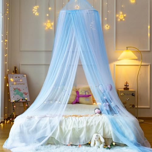 Wnqou Moustiquaire pour lit,Ciel de lit pour Lits Simples et Doubles, Chambre de Fille, Installation Facile pour Les Voyages et la Maison (Blanc - Bleu)