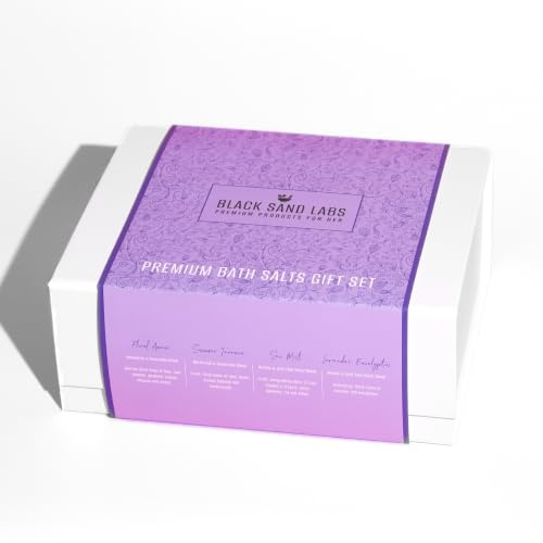 Black Sand Labs Coffret cadeau de sels de bain pour elle – Mer Morte, rose de l'Himalaya et sel d'Epsom (coffret cadeau – 4 x 100 g – Amour floral, lavande eucalyptus, terrasse d'été, brume marine)
